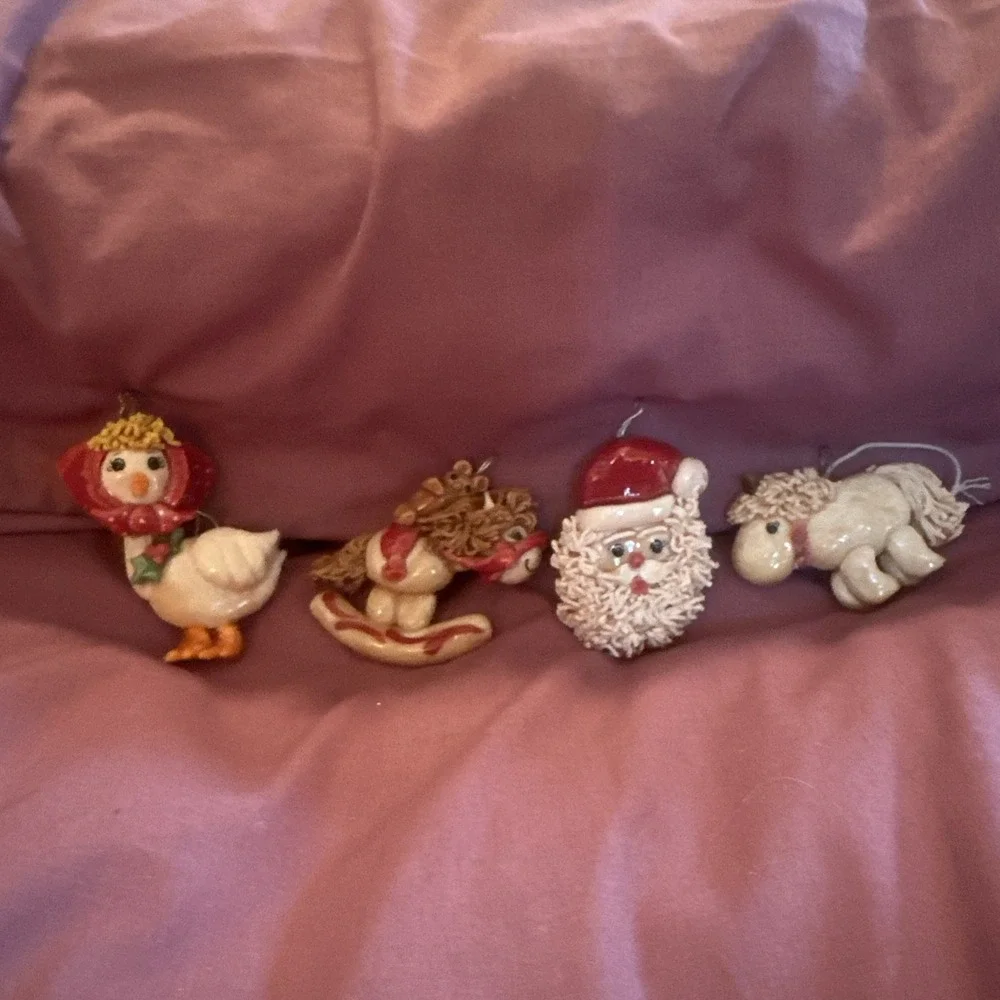 4 Vtg Salt Dough Polymer Christmas Ornaments Santa Goose Unicorn Rocking Horse